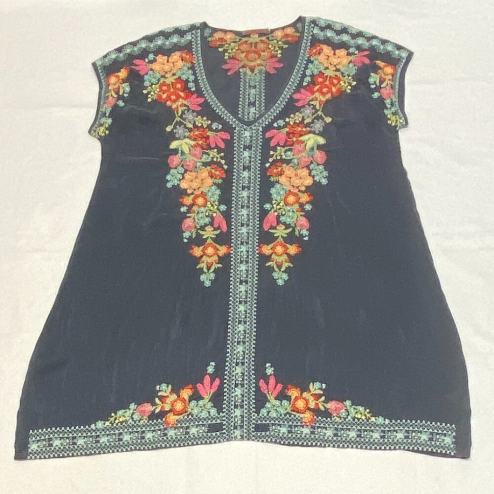 Johnny Was Blue Grey Heidi S Cap Sleeve V Neck Embroidered Sheer Tunic Kaftan - Picture 9 of 13